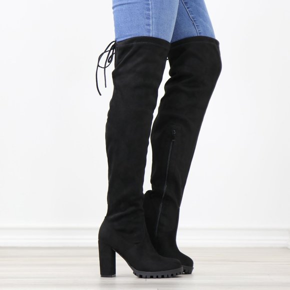 Black Faux Suede Round Toe Thigh High Over The Knee Block Lug High Heel Boots - Picture 4 of 13